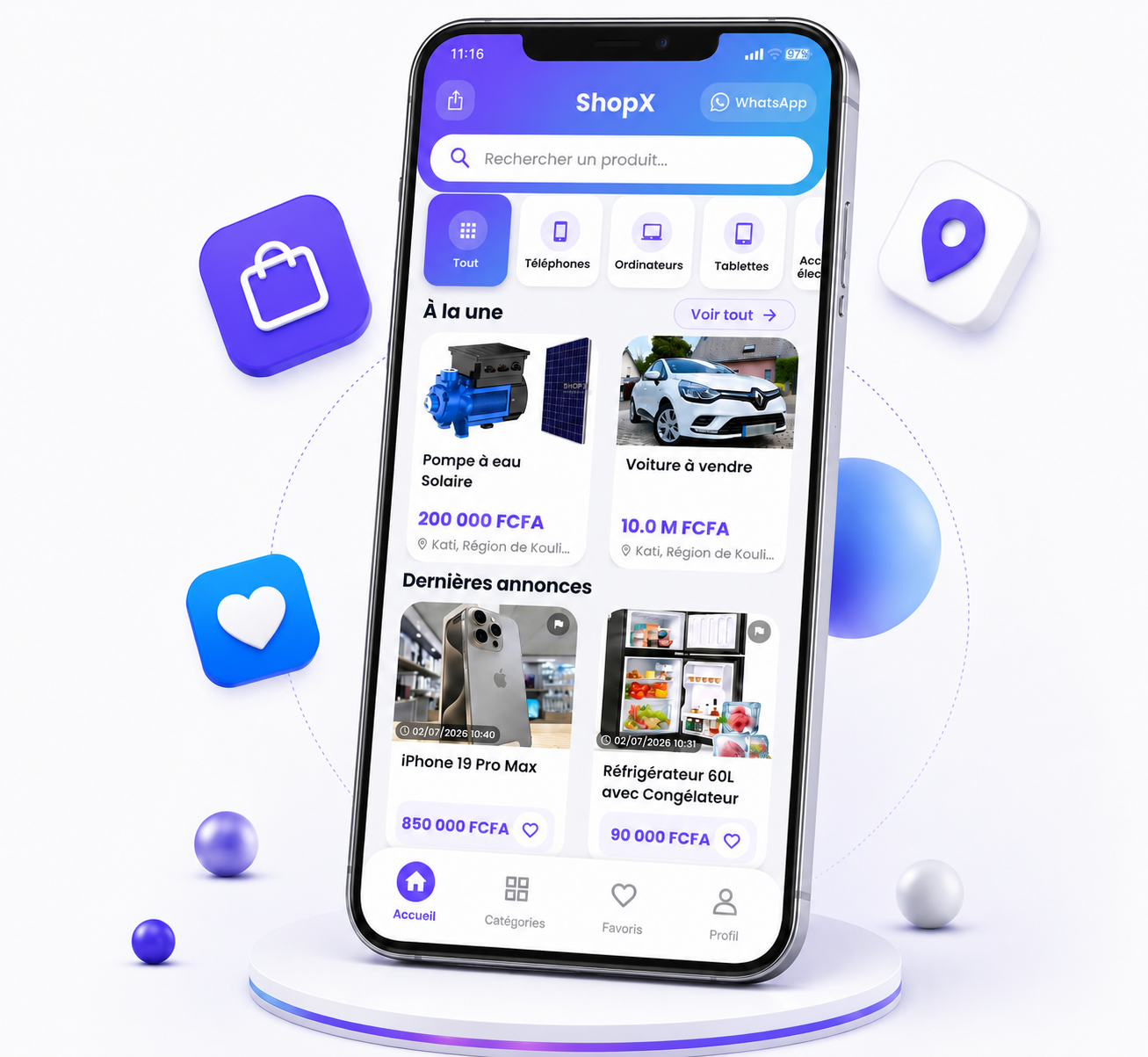 Mockup de l'application ShopX montrant l'interface principale
